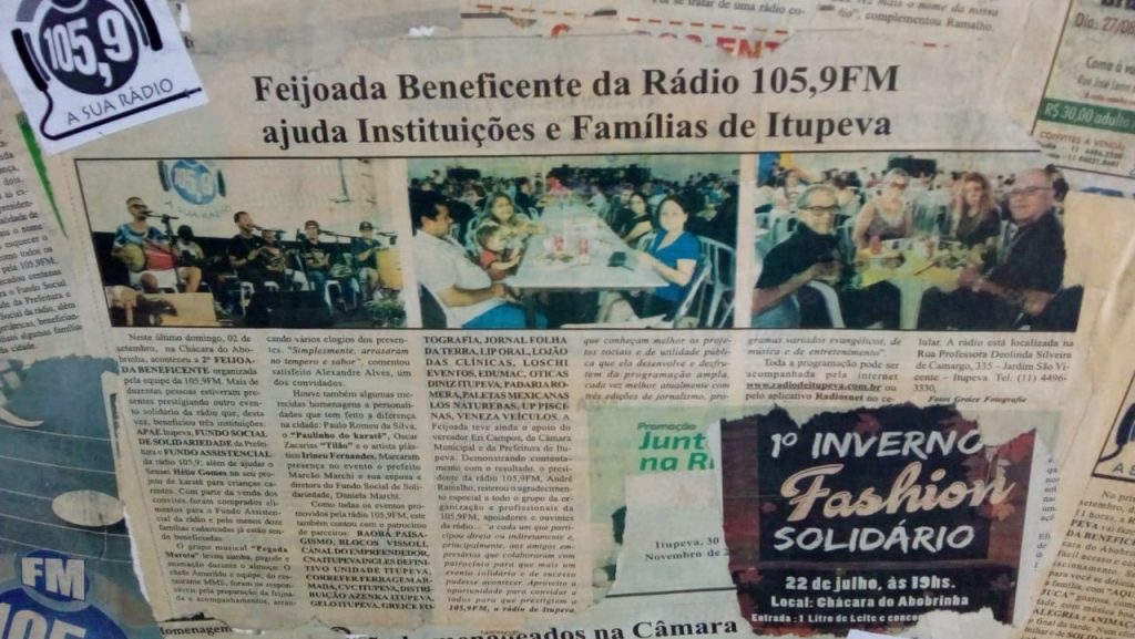 Recorte de jornal com uma matéria sobre a feijoada beneficente promovida pela rádio 105,9.
