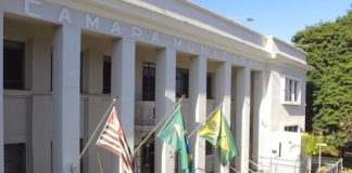 Brasão e a bandeira de Bauru. Na imagem, a bandeira de Bauru está hasteada na frente da Câmara Municipal, ao lado das bandeiras do Brasil e de São Paulo.