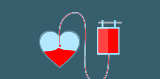 Doação de Sangue. Na imagem, uma ilustração de uma bolsa de sangue e um coração.