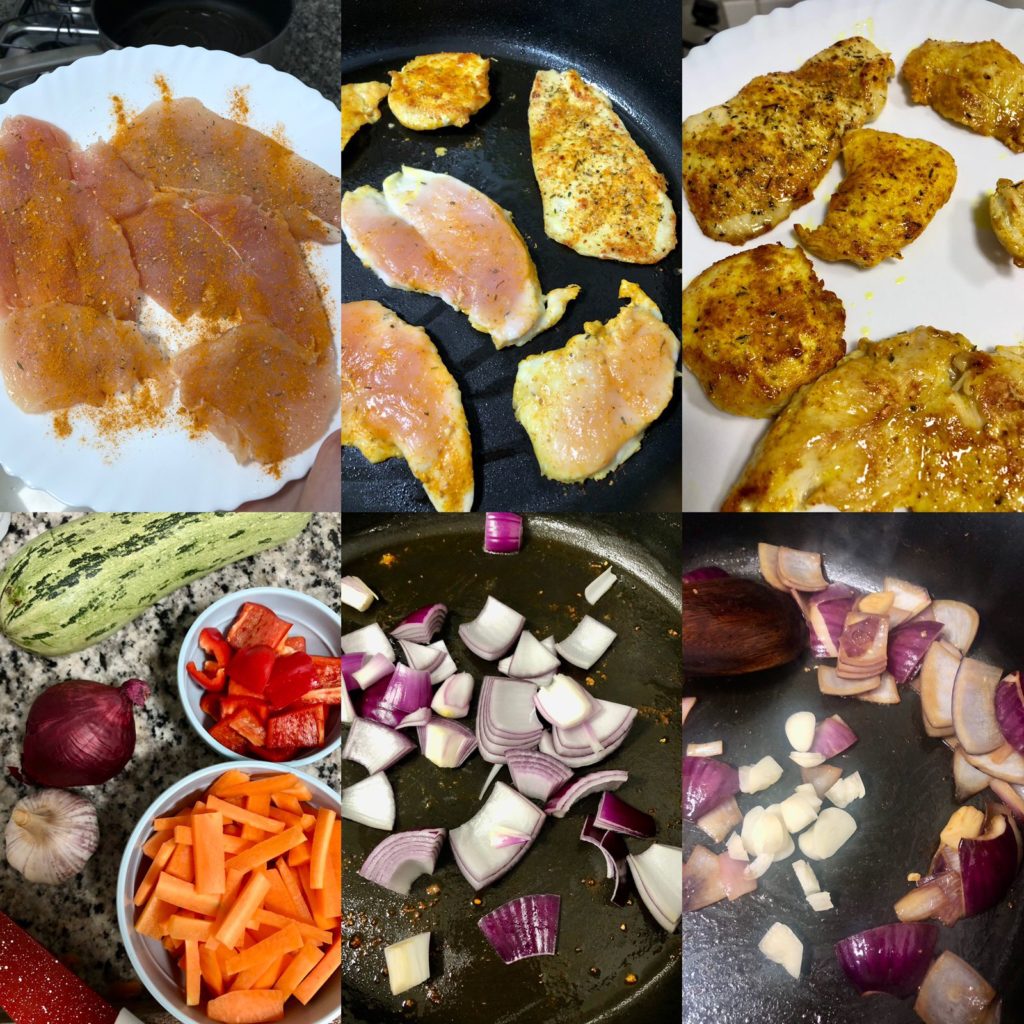 Foto de ingredientes de uma receita: filés de frango e legumes. Macarrão de frango com legumes: receita da chef Ana Bia