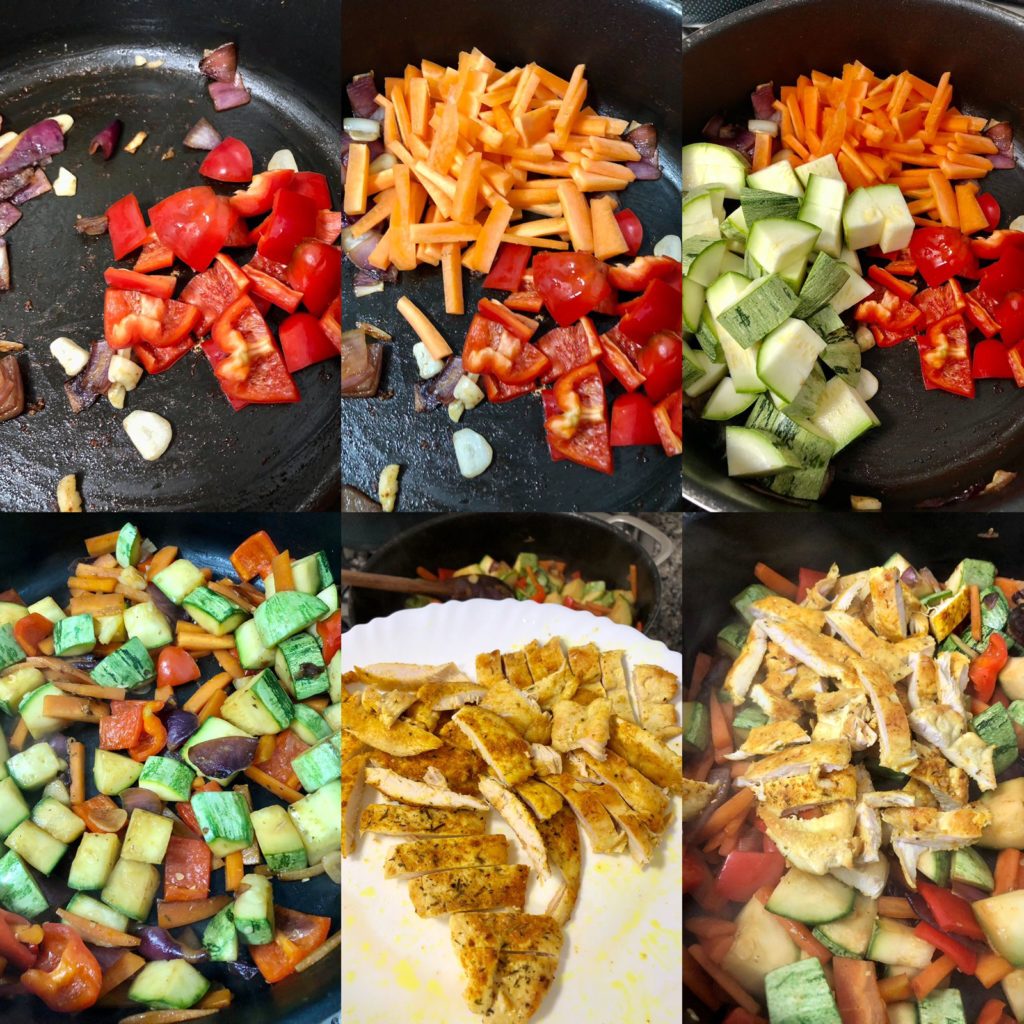 Fotos dos ingredientes de uma receita: legumes e frango em uma frigideira. Macarrão de frango com legumes: receita da chef Ana Bia