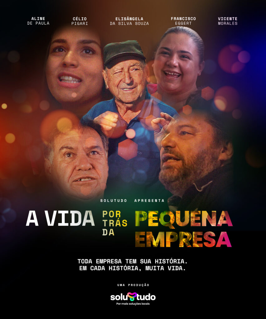 Cartaz do filme documentário "A vida por trás da pequena empresa" com a imagem do rosto dos cinco personagens da obra e o título abaixo. Fim da descrição. 