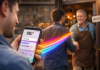 Como anunciar minha empresa na Solutudo? Cliente segura um celular com o aplicativo da Solutudo aberto enquanto um feixe de luz conecta a busca digital ao atendimento presencial em uma empresa local.