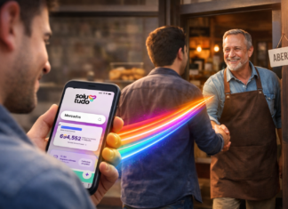 Como anunciar minha empresa na Solutudo? Cliente segura um celular com o aplicativo da Solutudo aberto enquanto um feixe de luz conecta a busca digital ao atendimento presencial em uma empresa local.