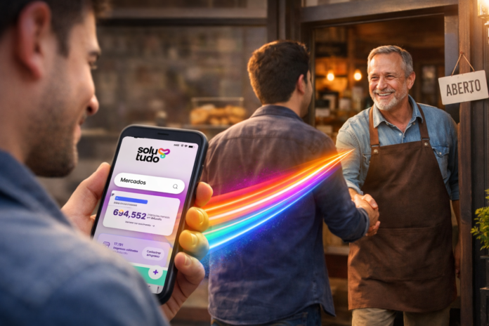 Cliente segura um celular com o aplicativo da Solutudo aberto enquanto um feixe de luz conecta a busca digital ao atendimento presencial em uma empresa local.