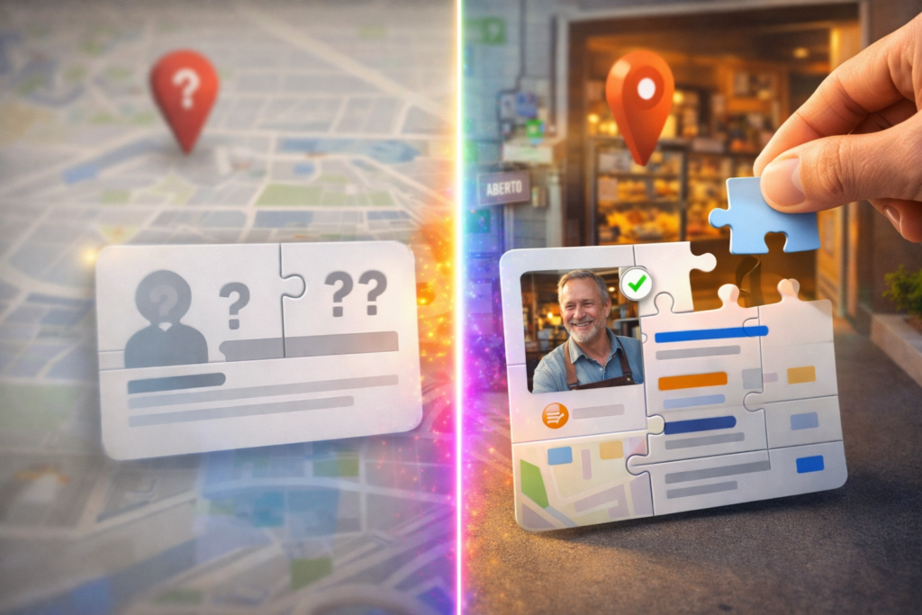 Ilustração em formato “antes e depois”. À esquerda, um mapa desfocado com um alfinete torto e um perfil empresarial incompleto, representando informações confusas. À direita, uma mão encaixa a última peça de um quebra-cabeça que forma um perfil digital completo e nítido, enquanto o alfinete se posiciona com precisão sobre a empresa real, simbolizando a etapa de descoberta organizada.