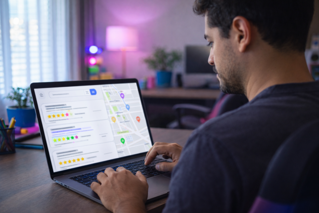 Pessoa comparando empresas locais com avaliações e mapa no notebook.