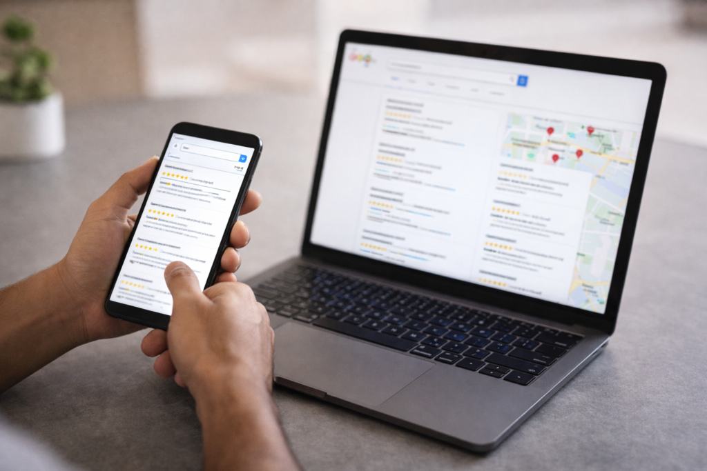 Fotografia realista em estilo editorial mostrando uma pessoa utilizando simultaneamente smartphone e notebook enquanto pesquisa empresas locais. Na tela aparecem interfaces genéricas de busca com avaliações em estrelas, sem marcas reais. A composição horizontal 16:9 valoriza a ação da pesquisa. O ambiente é moderno e minimalista, com iluminação natural suave e cores neutras, transmitindo profissionalismo e tomada de decisão consciente.