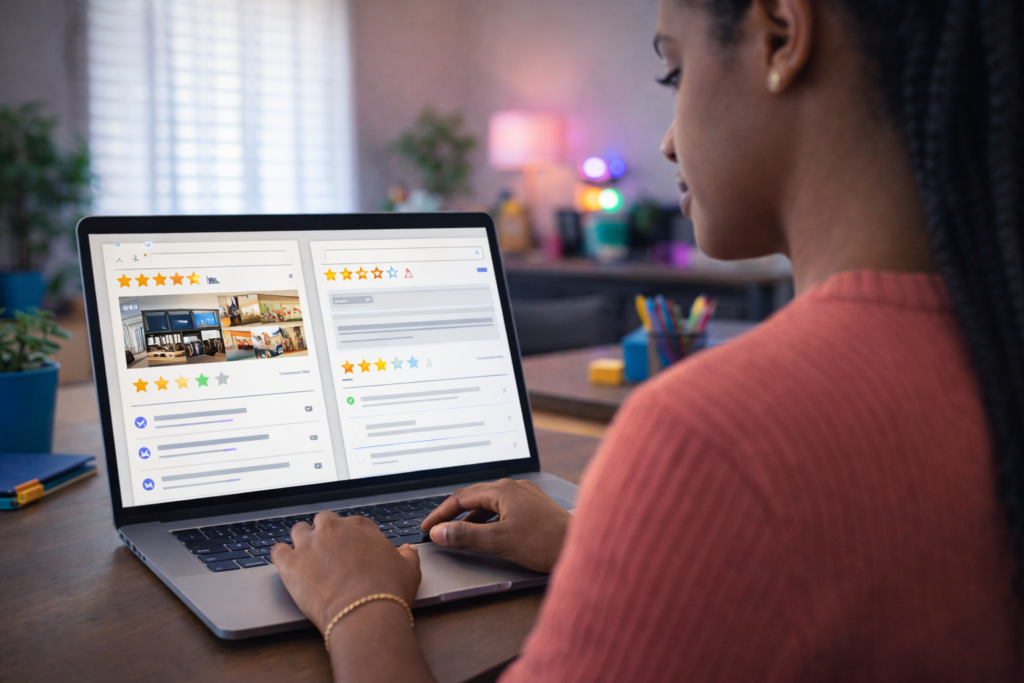 Pessoa comparando duas empresas em notebook com avaliações e organização visual diferentes em ambiente profissional moderno.