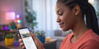 O que significa estar validado digitalmente na sua cidade? Pessoa brasileira analisando avaliações e informações de uma empresa no smartphone em ambiente moderno e iluminado naturalmente.